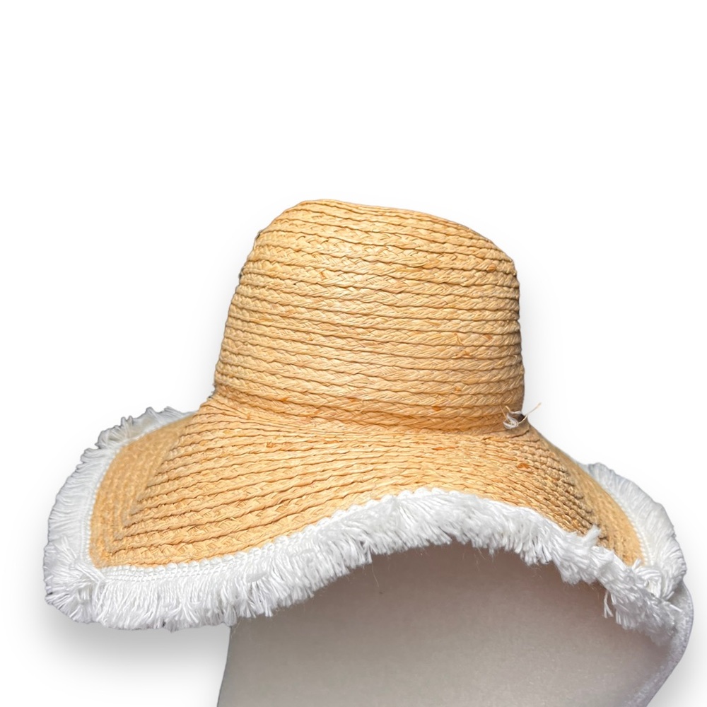 Hat Attack Natural Straw Wide Brim Beach Sun Hat Fringe Edge One Size